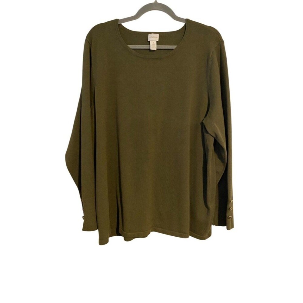 Chicos 4 Top Women's XXL Green Long Sleeve Ribbed Gold Button Detail Preppy